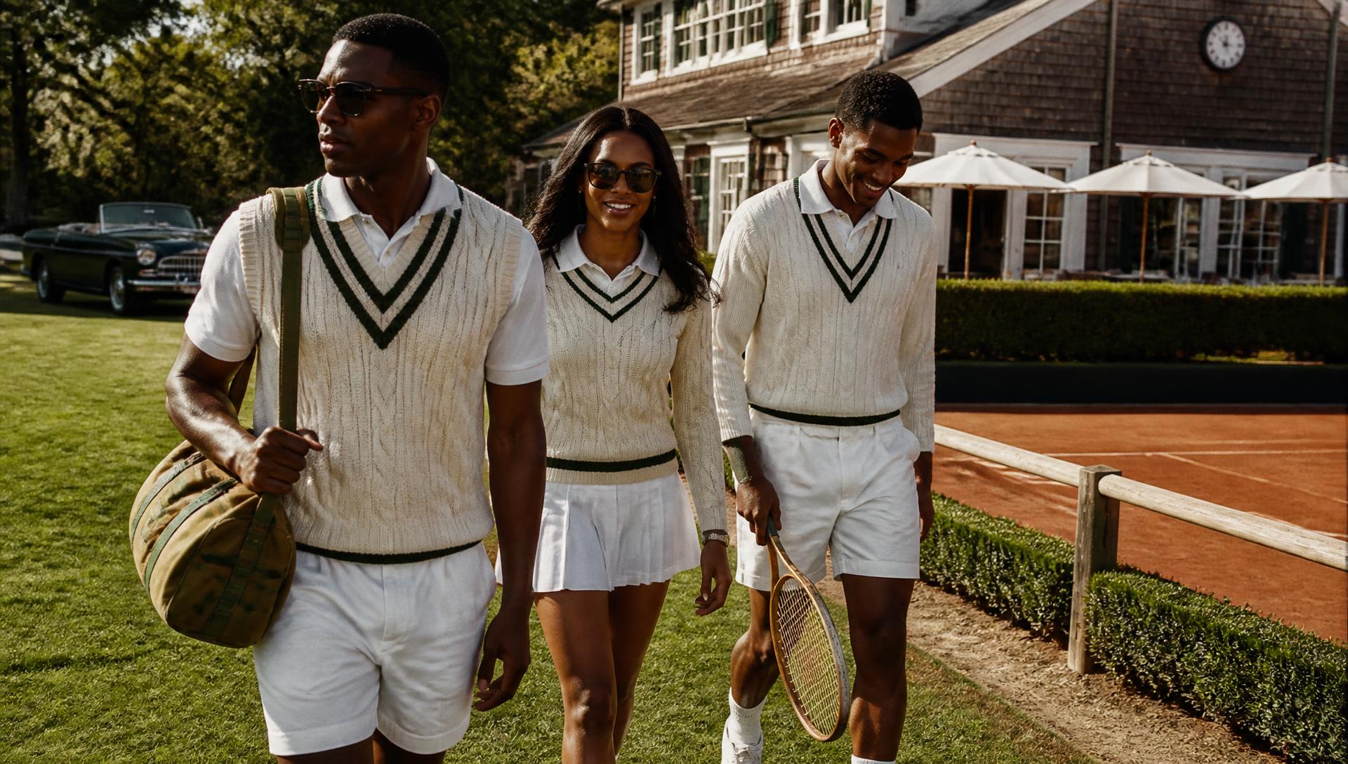 Friends in tennis whites walking across a summer lawn toward a clay court beside a cedar-shingle clubhouse
